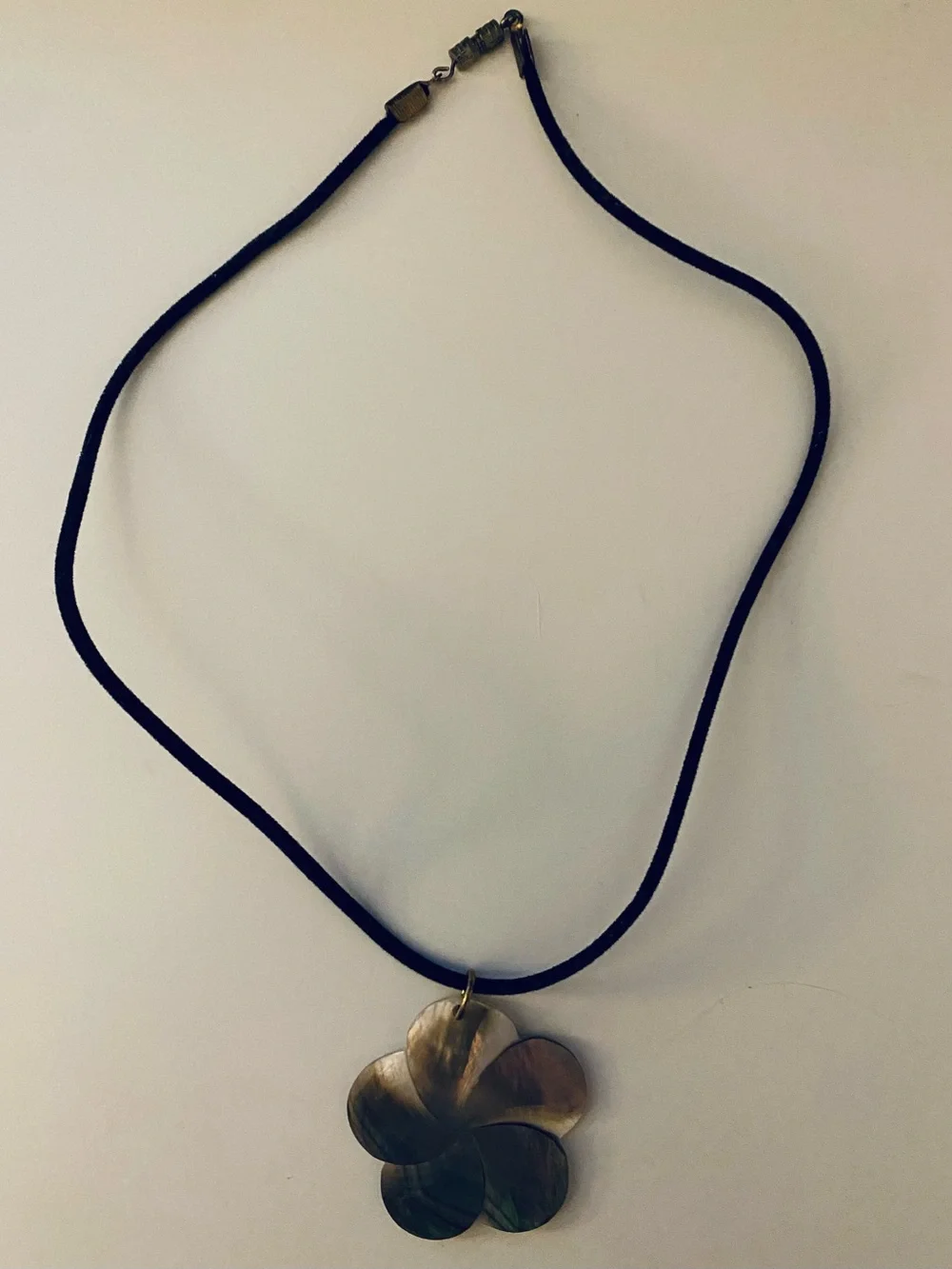 Handmade Iridescent Mother-of-Pearl Flower Pendant Necklace - Black Cord